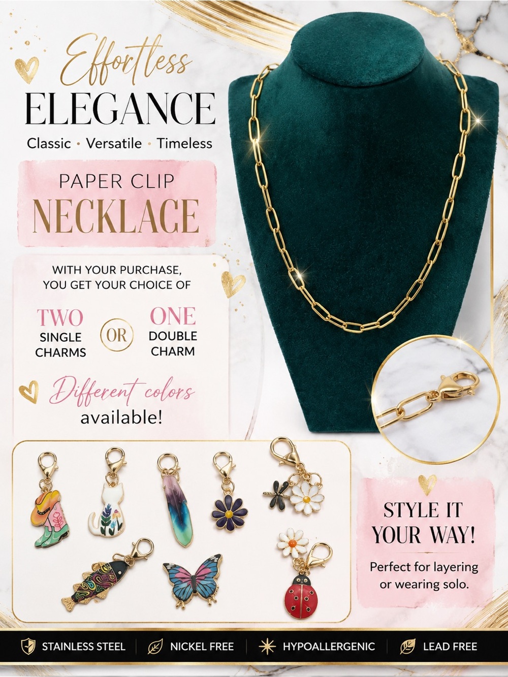 Golden Paper Clip Necklace with Chooseable Charms- choose charm & color
